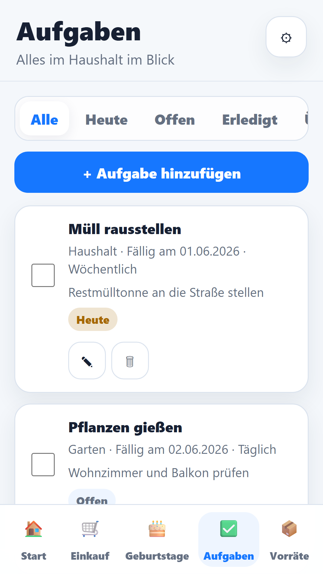 Home Planer Aufgabenansicht auf dem Smartphone