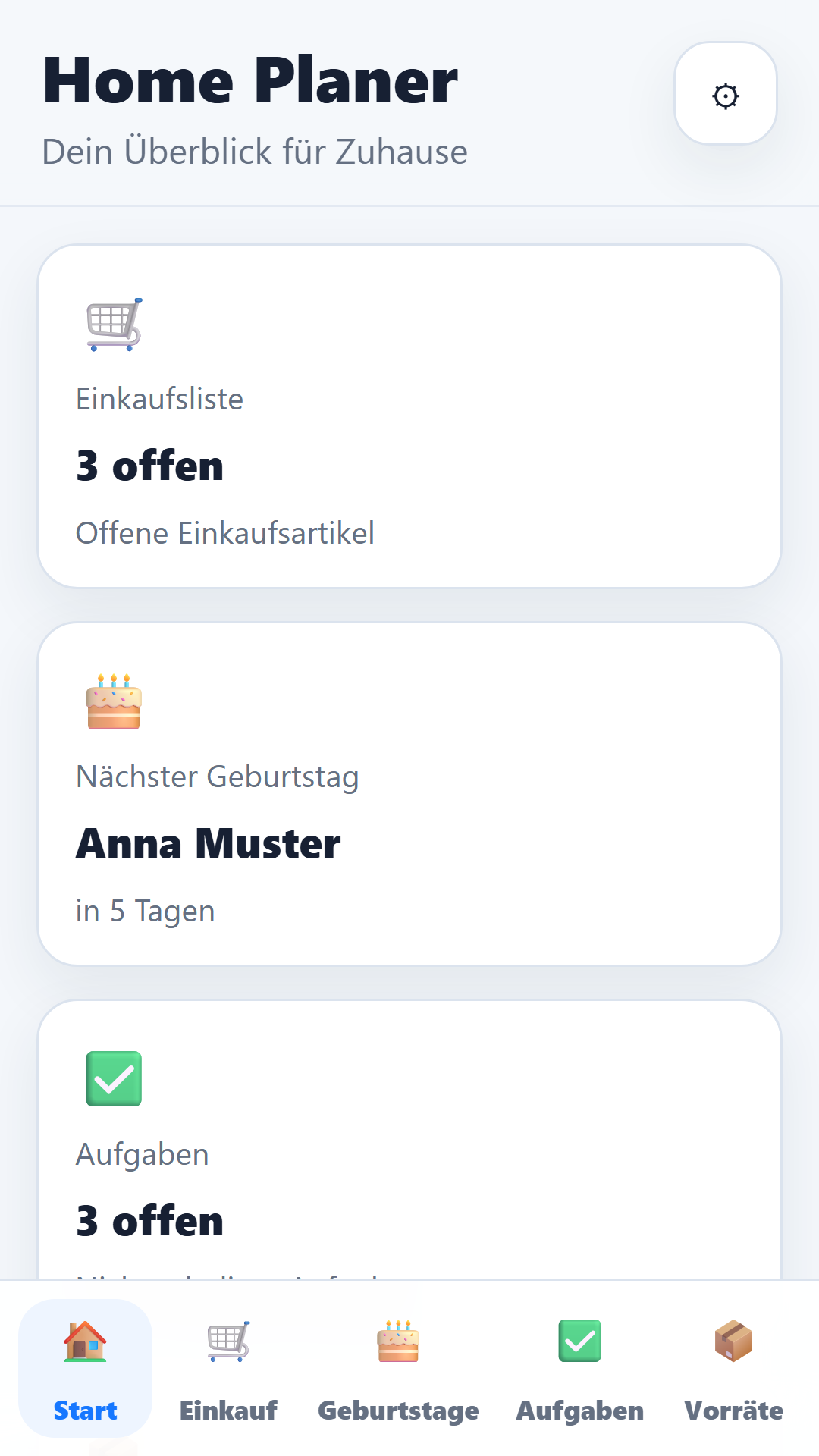 Home Planer Startseite mit Tagesüberblick