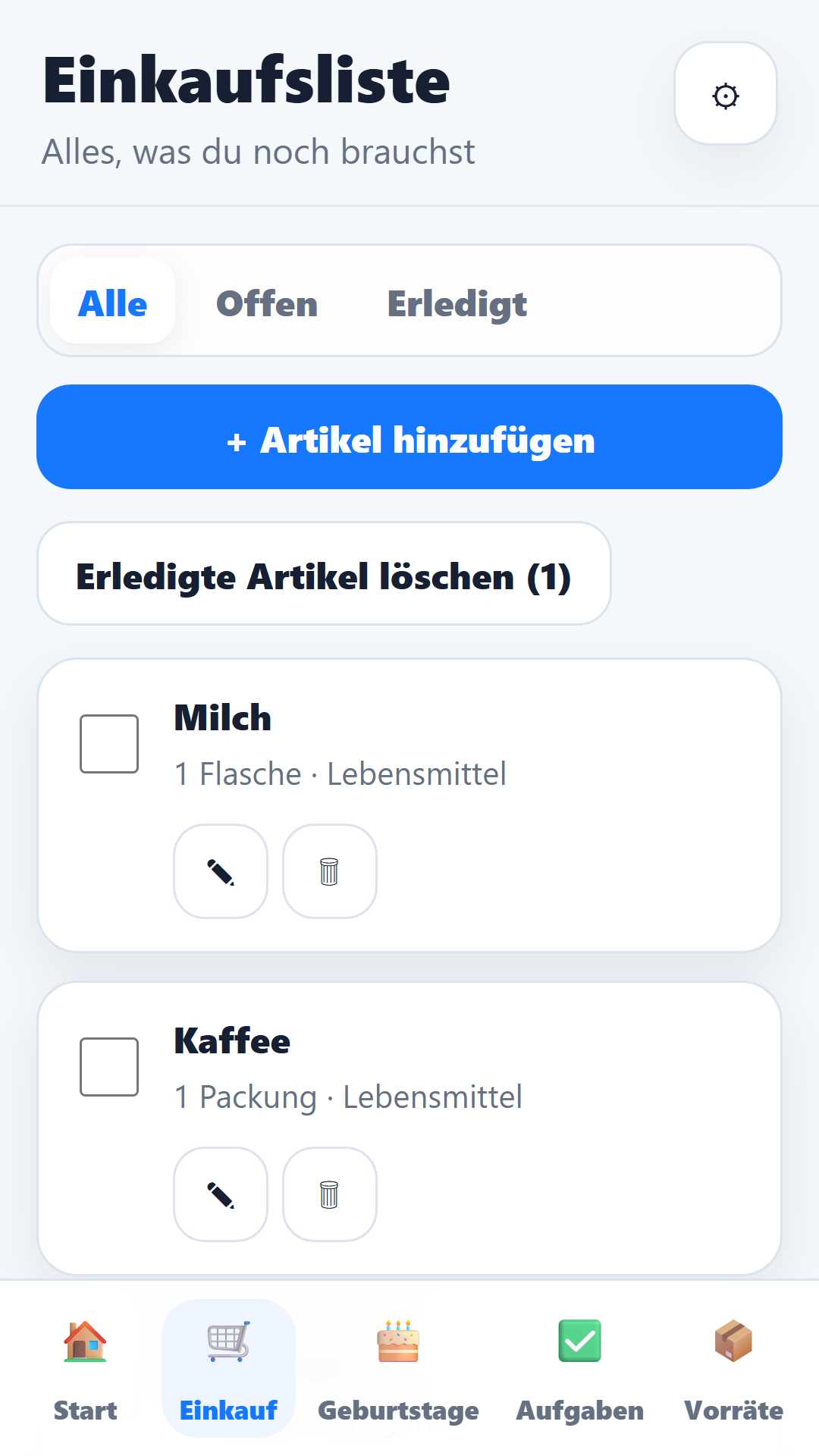 Home Planer Einkaufsliste auf dem Smartphone