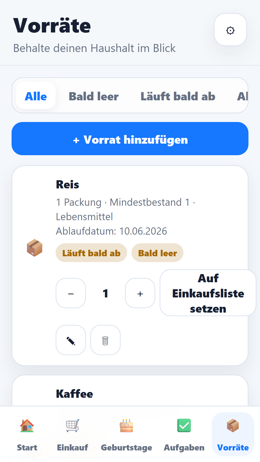 Home Planer Vorratsliste auf dem Smartphone