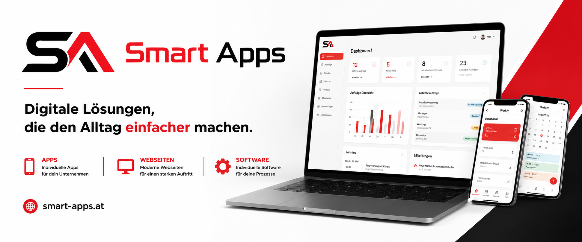 Smart Apps Titelbild mit Laptop, Smartphone und Softwareoberflächen