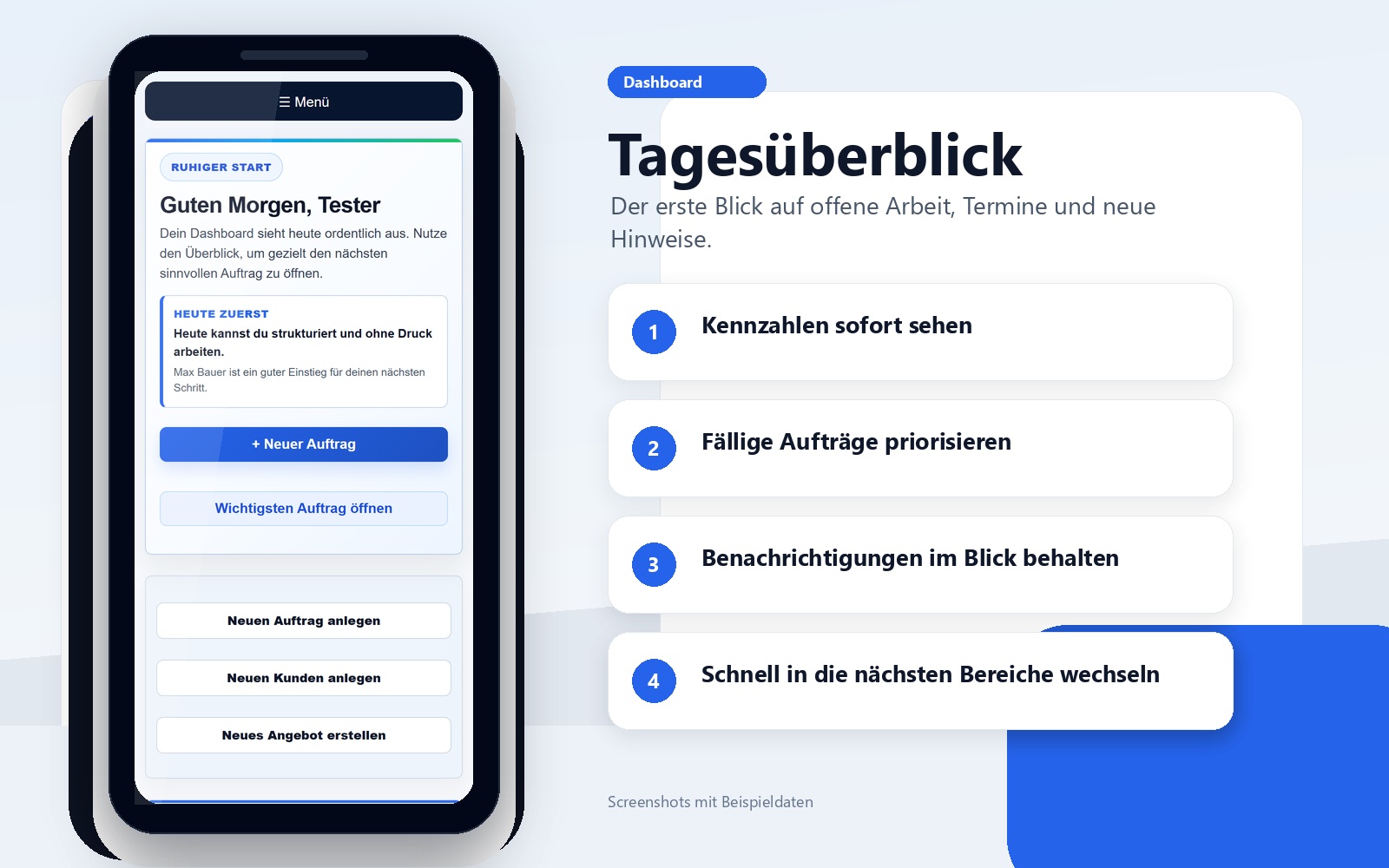 Werkly Dashboard mit Tagesüberblick und nächsten Schritten